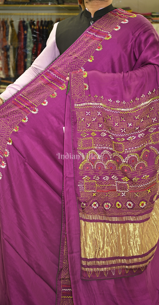 Purple Kutch Embroidery Work Gaji Silk Saree