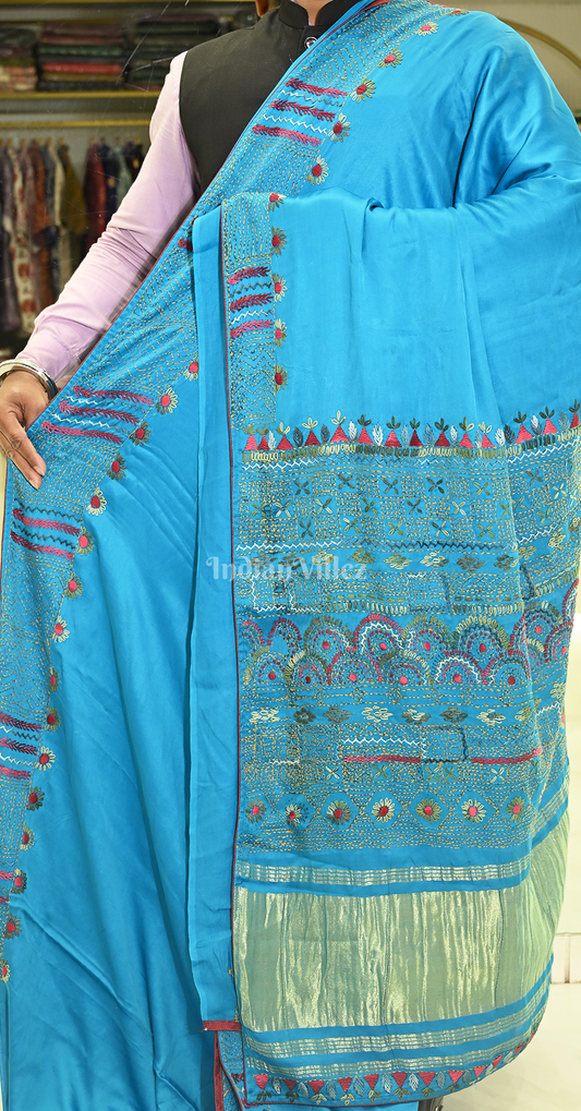 Sky Blue Kutch Embroidery Work Gaji Silk Saree