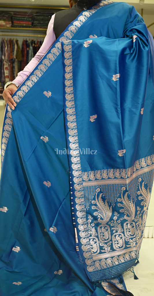 Peacock Blue Peacock Design Pure Mashru Satin Silk Banarasi Saree