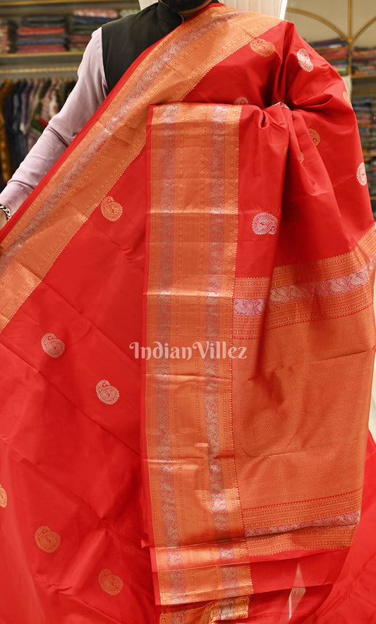 Red Orange Paisley Brocade Pure Kanjivaram Silk Saree