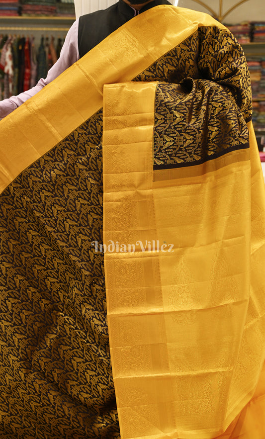 Black Mustard Yellow Bird Motif Brocade Pure Kanjivaram Silk Saree