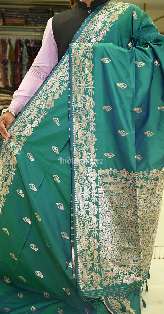 Leaf Green Peacock Design Mashru Satin Silk Banarasi Saree