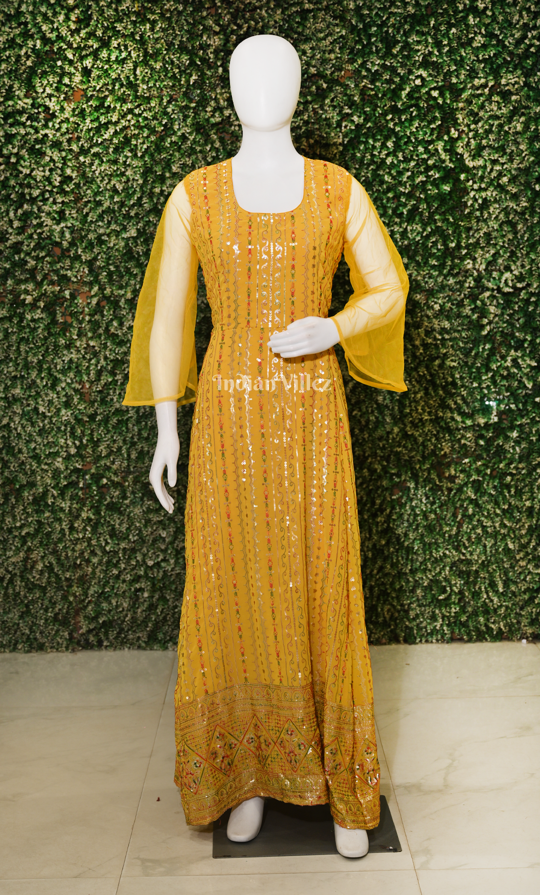 mustard yellow work dress Party Wear Mustard Yellow Georgette Gown with Sequence & Embroidery Work