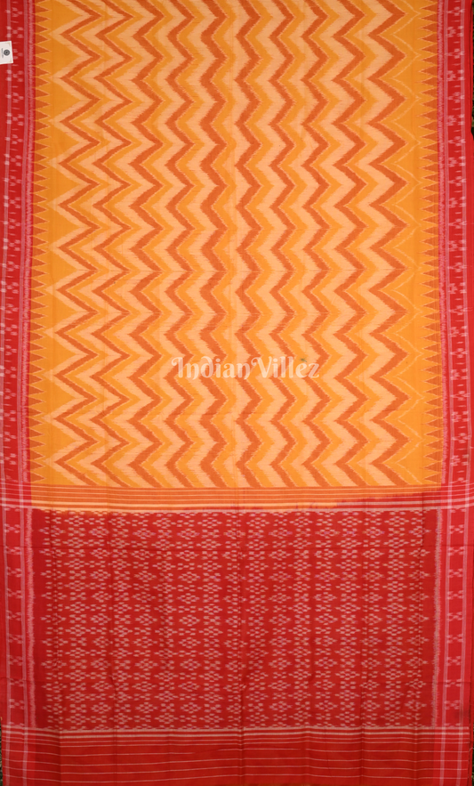 Yellow Red Waves Design Odisha Ikat Sambalpuri Cotton Saree
