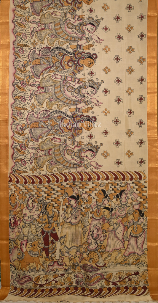 Beige Hand-Painted Natural Dye Cotton Kalamkari Saree