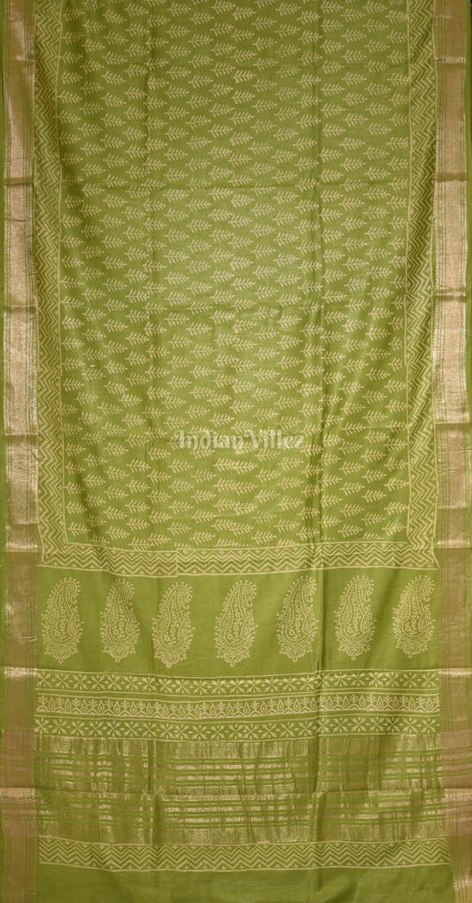 Mehendi Green Block Printed Cotton Saree