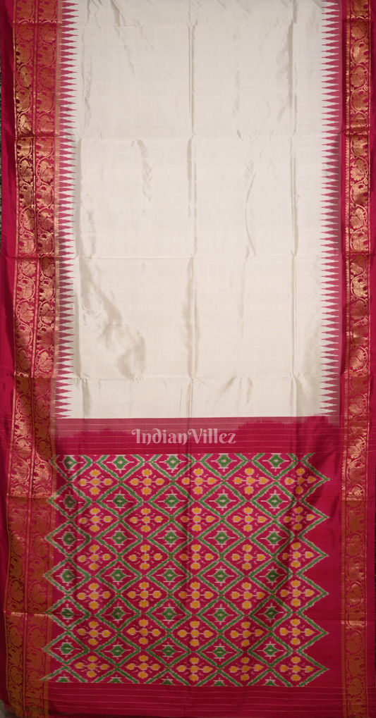 Exclusive White Rani Pink Pochampally Ikat Silk Saree