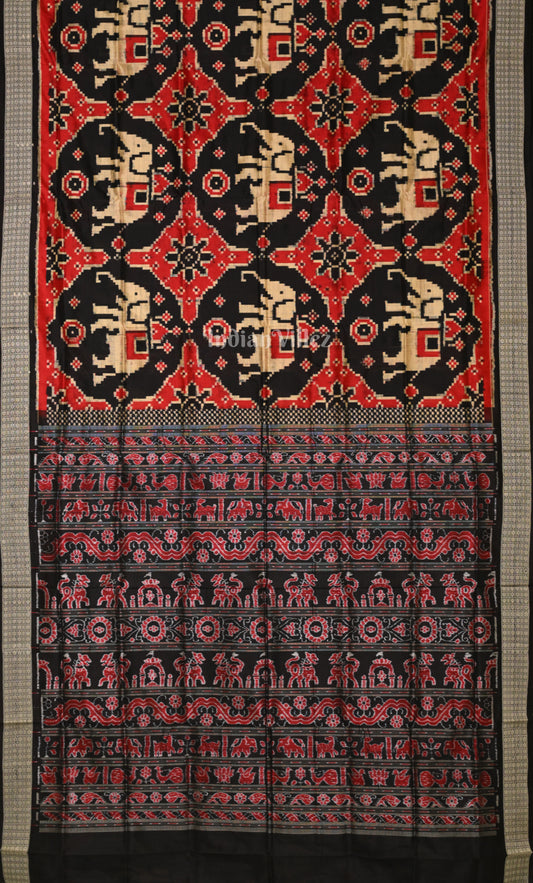 Black Red Elephant Motif Odisha Ikat Sambalpuri Silk Saree