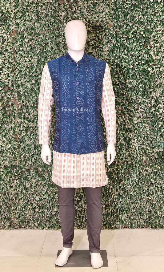Blue Flower Motif Odisha Ikat Half Bandi Jacket for Men