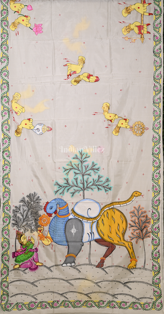 White Arjuna Bows to Navagunjara Hand-Painted Pattachitra Saree