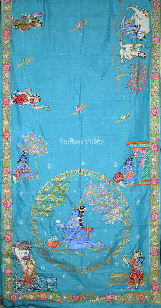 Sky Blue Krishna Janmashtami Theme Hand-Painted Pattachitra Saree(Pre-Order)