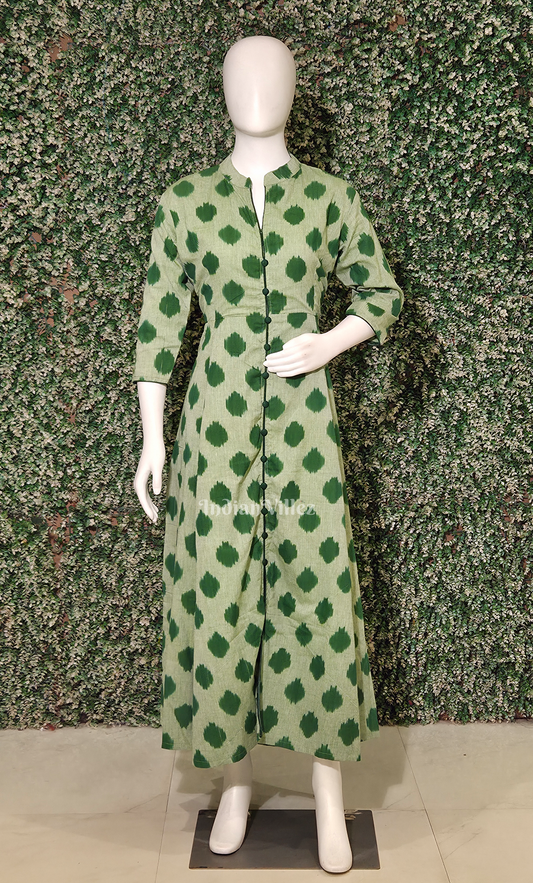 Sage Green Polka Design Odisha Ikat Designer Long Gown
