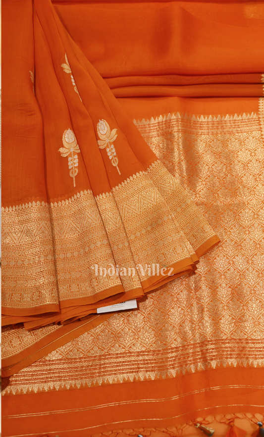 Orange Golden Pure Katan Banarasi Silk Saree