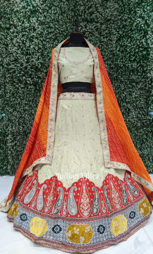 white with Multicolour Paisley Embroidery Lehenga Choli with Bandhini Dupatta
