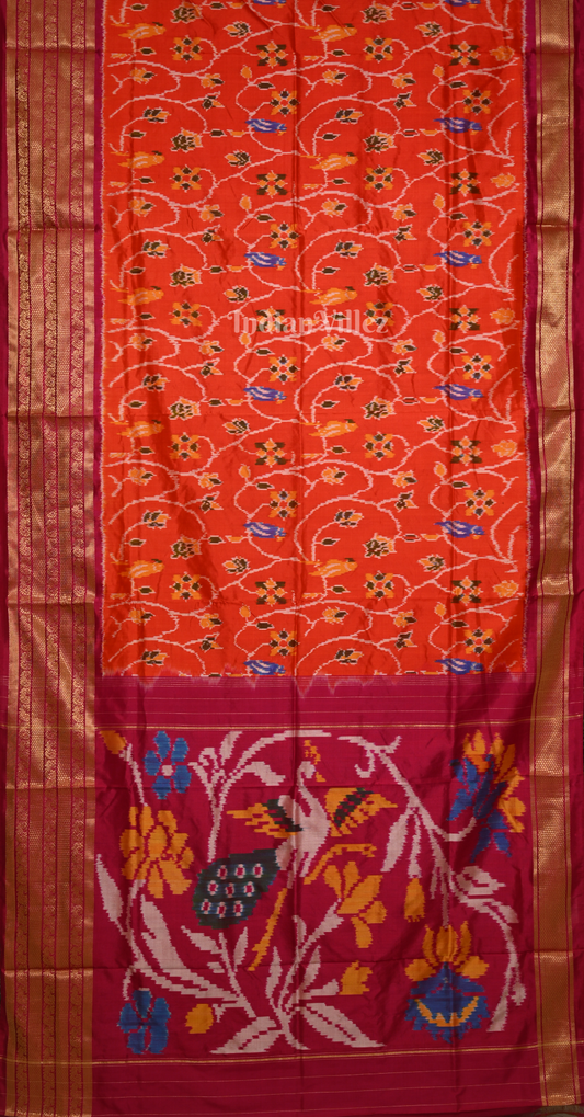 Orange Pink Pochampally Ikat Silk Saree