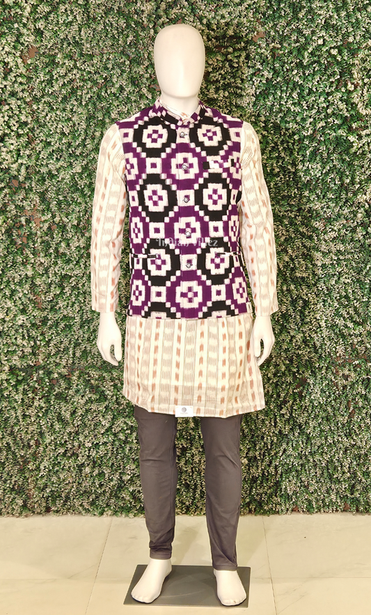 Purple Black Pasapali Odisha Ikat Half Bandi Jacket for Men