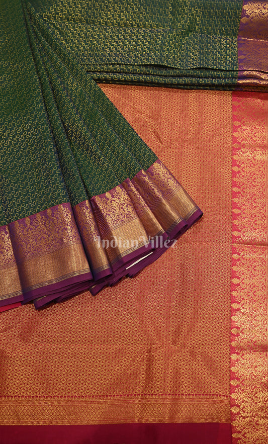 Bottle Geen Red Brocade Pure Kanjivaram Silk Saree