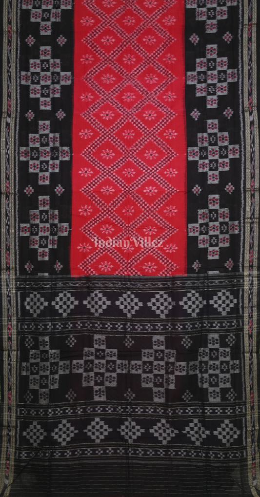 Red Black Pasapali Scot Odisha Ikat Sambalpuri Cotton Saree