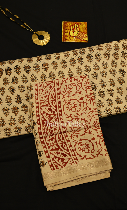 Beige Maroon Bagru Block Printed Cotton Suit Sets