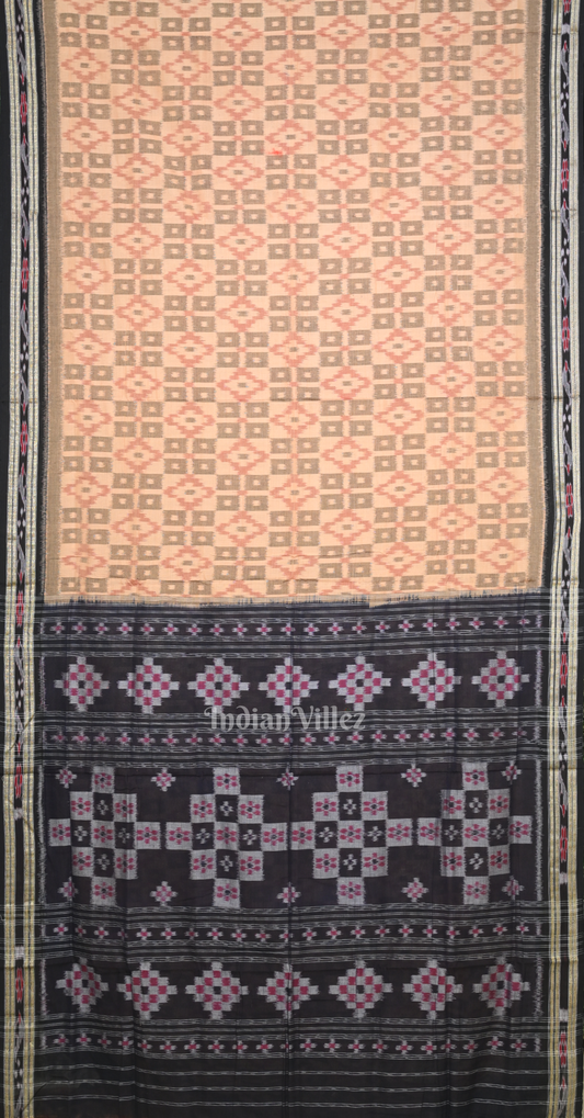 Beige Black Odisha Ikat Sambalpuri Cotton Saree with Pasapali Anchal