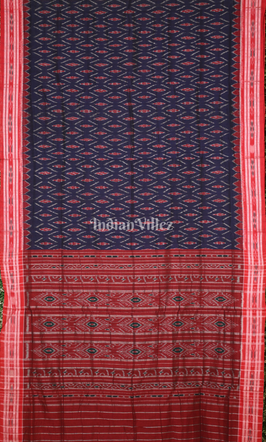 Navy Blue Red Damru Pasapali Odisha Ikat Maniabandha Cotton Saree