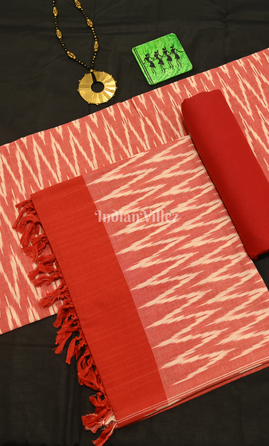Light Red Pochampally Ikat Cotton Unstitched Suit Sets