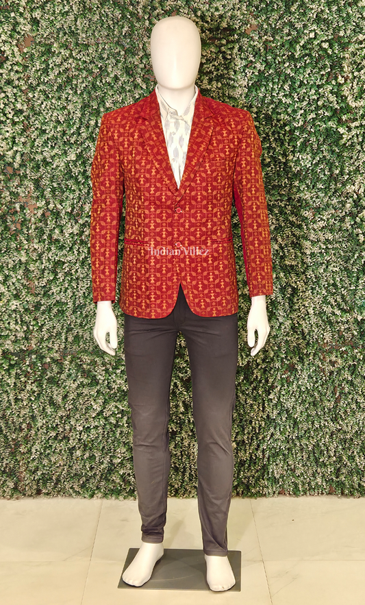 Maroon Red Tribal Theme Odisha Ikat Men's Designer Blazer