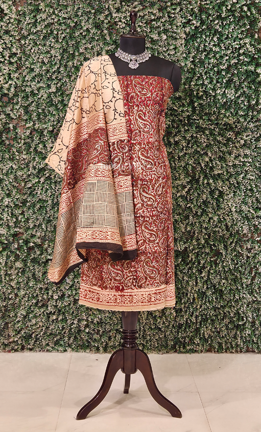 Maroon Off White Bagru Block Printed Chanderi Silk Suit Sets