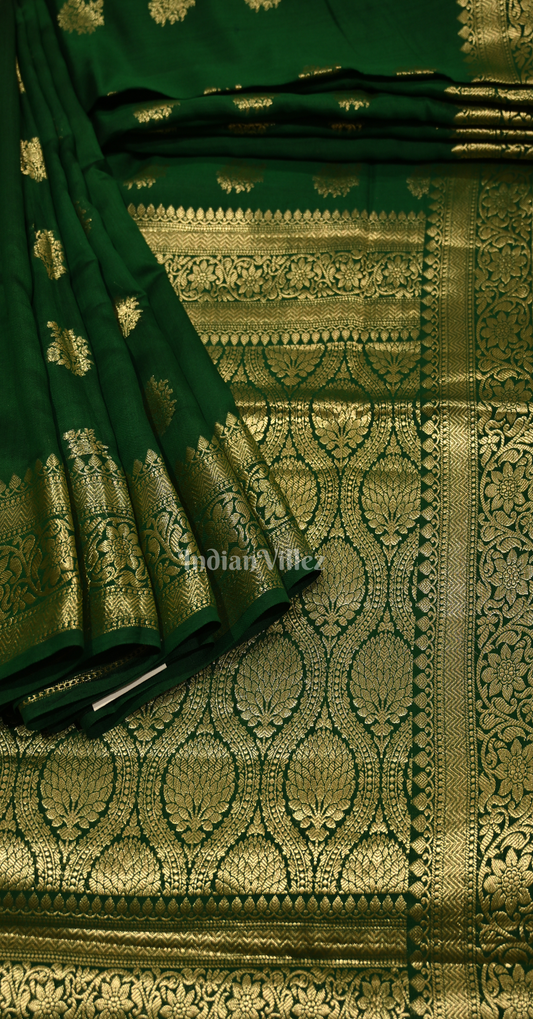 Bottle Green Flower Motif Brocade Pure Kanjivaram Silk Saree