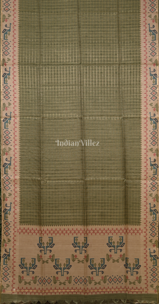 Sage Green Beige Tusasr Silk Saree with Floral Embroidery Work