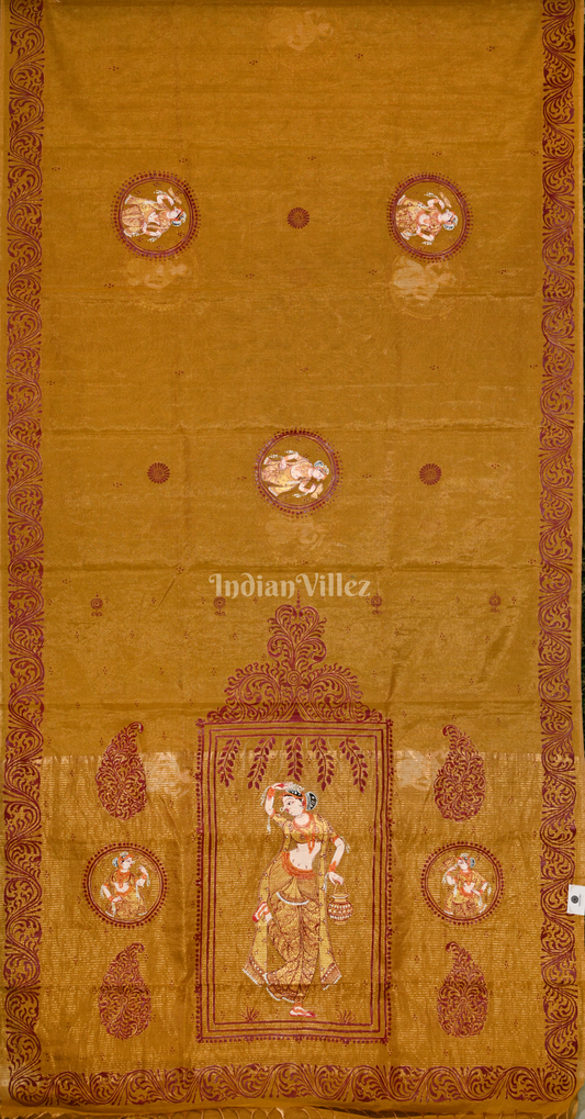 Golden Shringar Raas Hand- Painted Pattachitra Saree (Tissue)