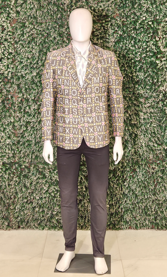 Grey Alphabet Theme Odisha Ikat Men's Designer Blazer