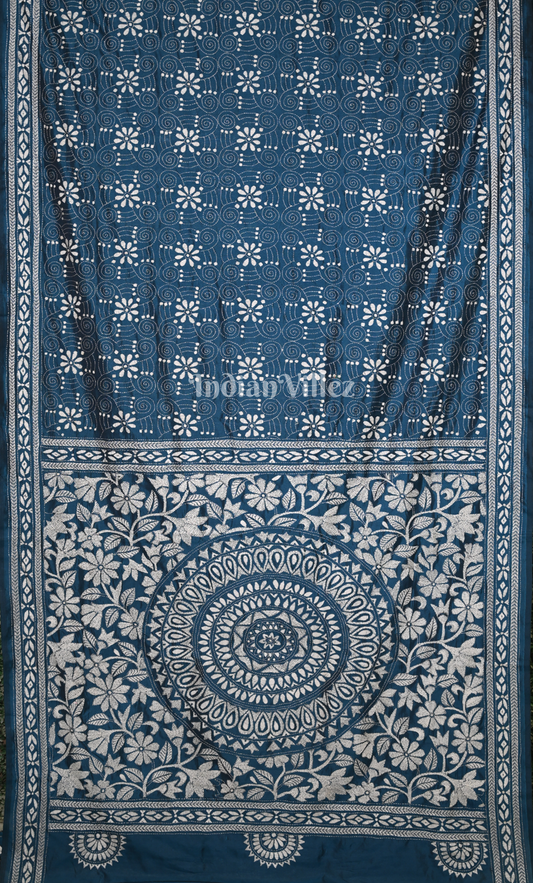 Indigo Blue Handwoven Kantha Stitch Silk Saree