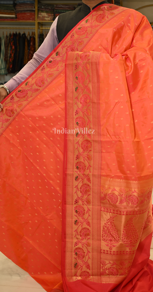 Orange Red Butta Design Pure Kanjivaram Silk Saree