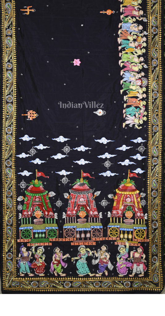 Navy Blue Shree Jagannath Ratha Yatra Hand-Painted Pattachitra Saree