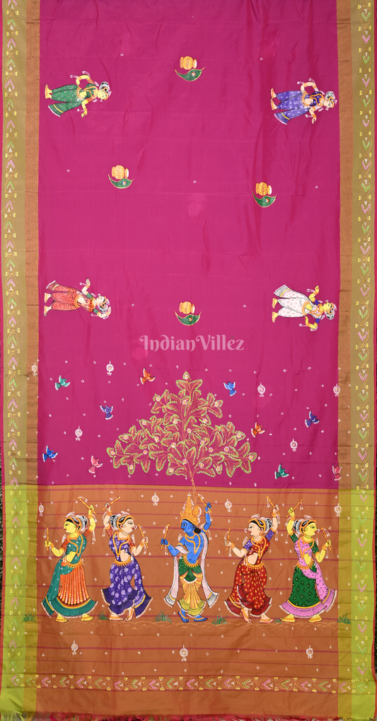 Rani Pink Krishna Raas Leela Hand-Painted Pattachitra Saree
