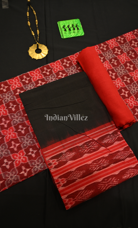 Maroon Red Flower Motif Odisha Ikat Sambalpuri Dress Set & Dupatta