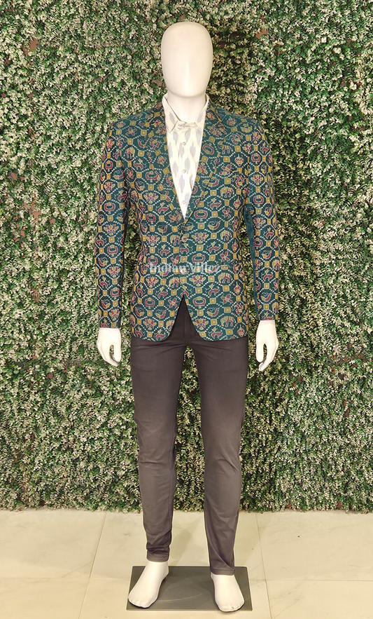 Teal green Odisha Ikat Men's Designer Blazer