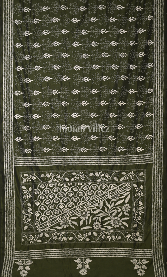 Dark Green Flower Motif Handwoven Kantha Stitch Silk Saree