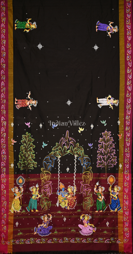 Black Maroon Krishna Radha Doli Theme Hand-Painted Pattachitra Saree
