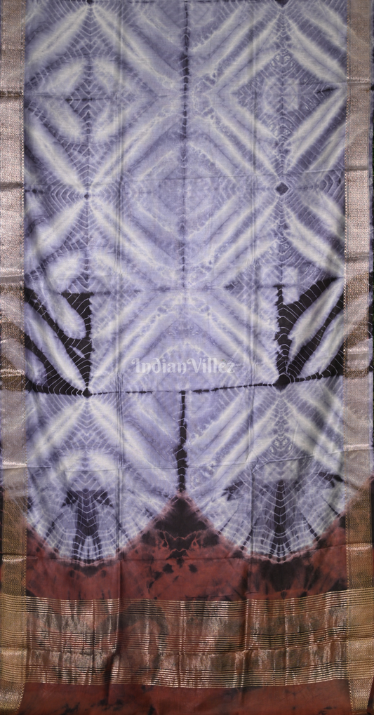 Light Blue Maroon Block Printed Shibori Cotton Saree