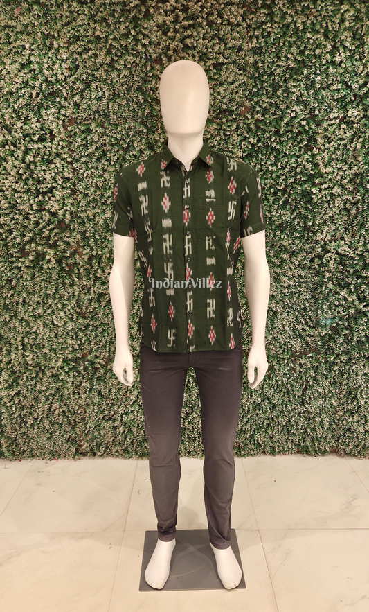 Green Swastik Odisha Ikat Cotton Half Sleeve Shirt for Men