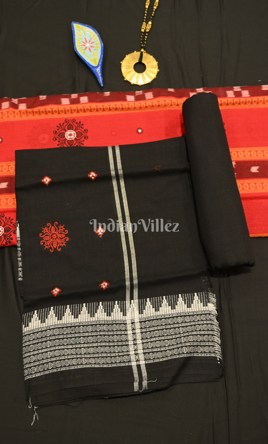 Maroon Black Flower Design Odisha Ikat Sambalpuri Cotton Dress set with Dupatta