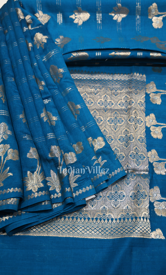 Copper Sulphate Blue Pure Chiniya Silk Banarasi Saree