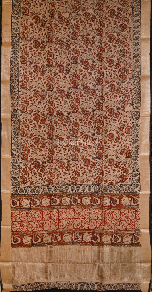 Beige with Maroon Block Printed Bagru Cotton Saree