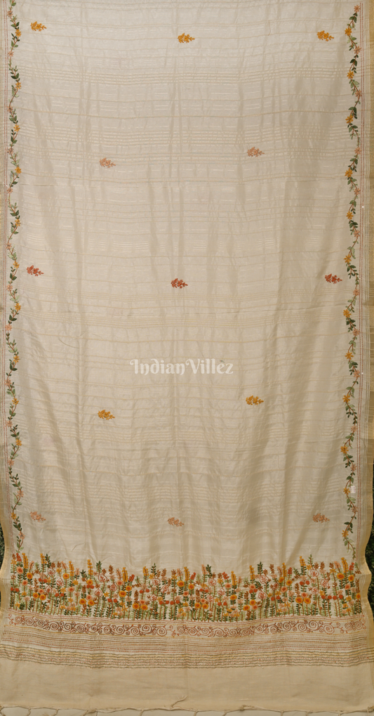 Off White Tussar Silk Saree with Floral Embroidery Work