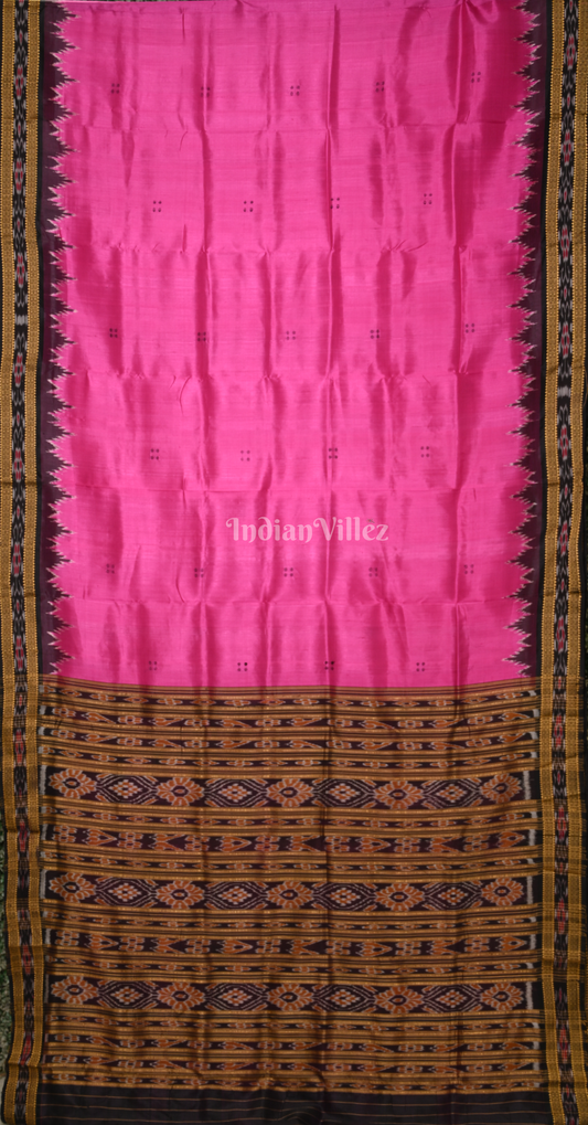 Rani Pink Black Buti Design Odisha Ikat Khandua Silk Saree