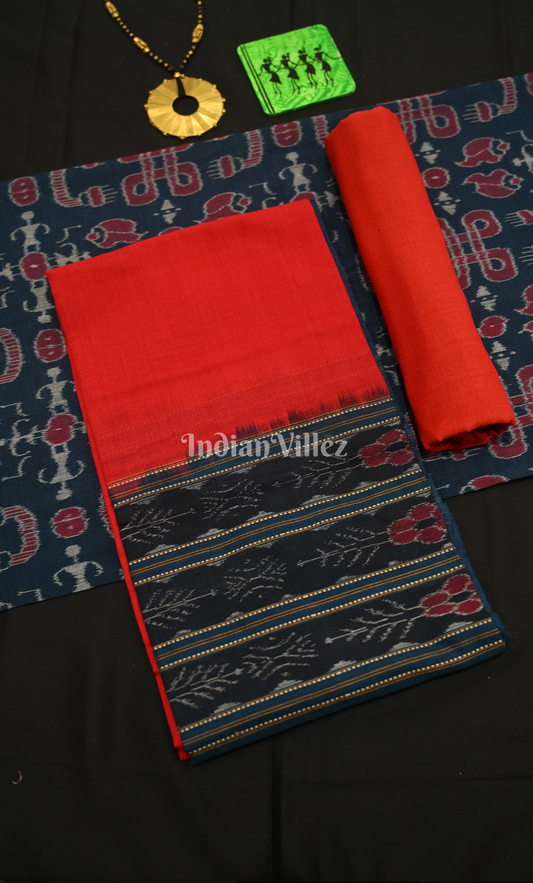 Blue Red Tribal Design Odisha Ikat Sambalpuri Dress Set & Dupatta