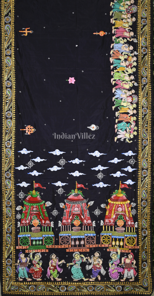 Navy Blue Shree Jagannath Ratha Yatra Hand-Painted Pattachitra Saree