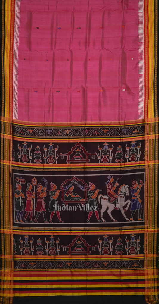 Rani Pink Black Fish Motif Kathiphera Khandua Silk Saree with Doli Barat Anchal